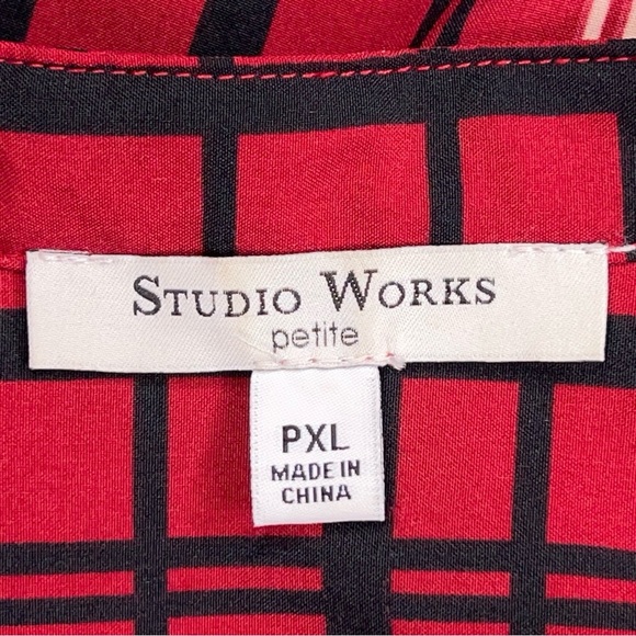 Petite XL Studio Works Red Black White Plaid Button Up Blouse Top Academia Vneck - Picture 9 of 11